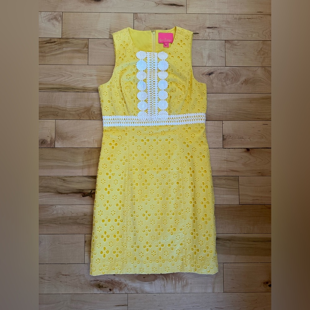 Lilly Pulitzer Yellow Eyelet Shift Dress with White Trim